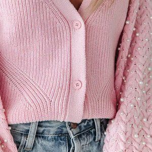 VICI ALBA COTTON BLEND PEARL BUTTON FRONT CARDIGAN - LIGHT PINK